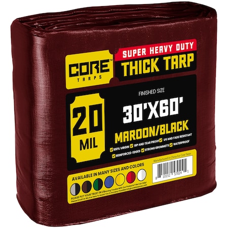 Core Tarps Heavy Duty Tarp, 30 ft x 60 ft, 20 Mil, Maroon, Polyethylene CT-707-30X60